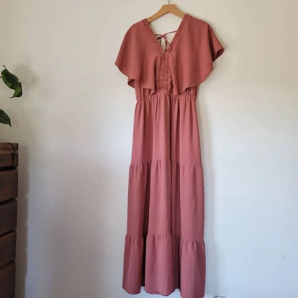 Simplee Dusty Rose Flutter Sleeve Tiered Maxi Dress Women’s Size S